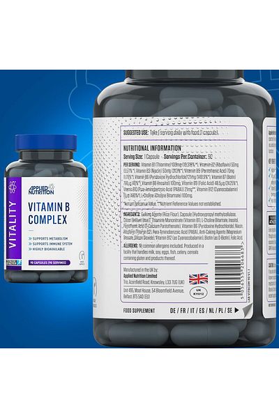 applied nutrition Vitamin B Complex B1, B2, B3, B5, B6, B12, Biotin&Folic Acid Immune 90 Caps