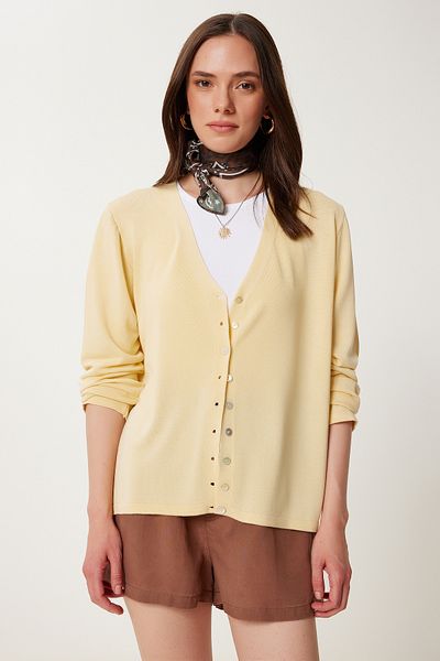 Lovelyİstanbul V-Neck Super Soft Stretchy Summer Knitwear Cardigan Yellow Lus0130