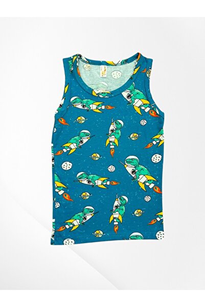 elmas kids Boy's 100% Cotton Petrol Green Color Space Rocket Patterned Tank Top Boxer Set with Stitched Mesh Part