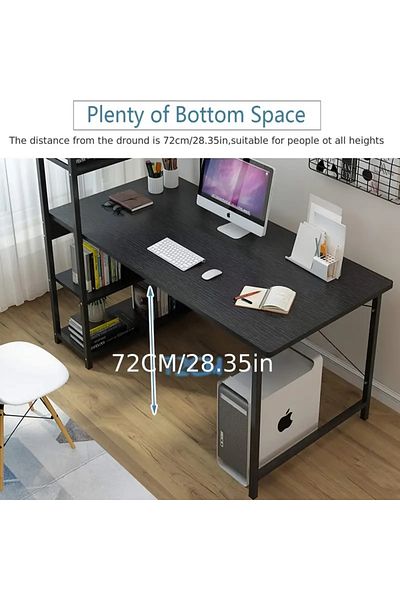DDFF Computer Desk with 3-Tier Side Shelving Unit, Wooden Desk with Metal Legs for Work, Gaming and Study