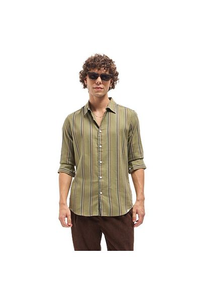 The Bear House Men's Green with Multi-Color Stripes Slim Fit Casual Shirt for Every Occasion