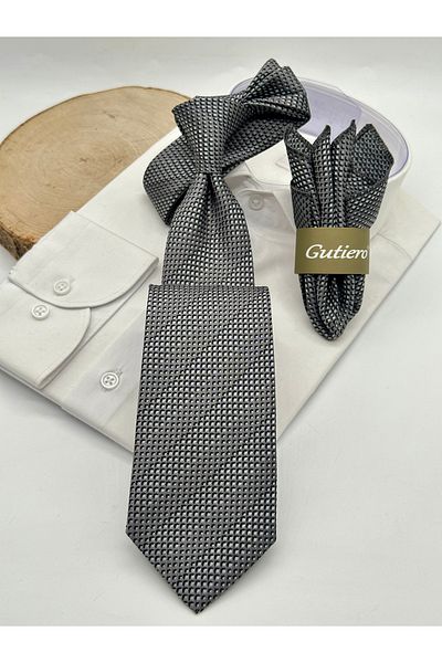 Gutiero Classic Necktie with Gray Patterned Handkerchief