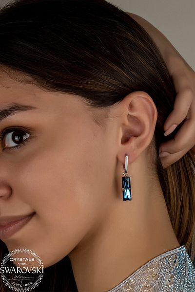 Swaroski Blue Baguette Dangle Earrings with Zirconia Crystal Stones