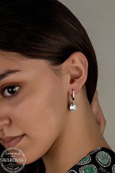 Swaroski White Oval Tab Earrings with Zirconia Crystal Stones