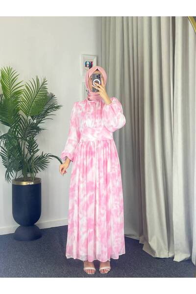 Esre Store 4527 - Kuşaklı Tesettür Şifon Elbise Pembe