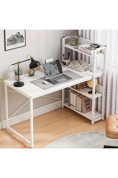 DDFF Computer Desk with 3-Tier Side Shelving Unit, Wooden Desk with Metal Legs for Work, Gaming and Study