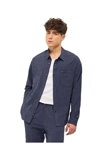 The Bear House قميص رجالي مخطط باللون الأزرق الداكن بقصّة عادية ومناسب لكل ال...