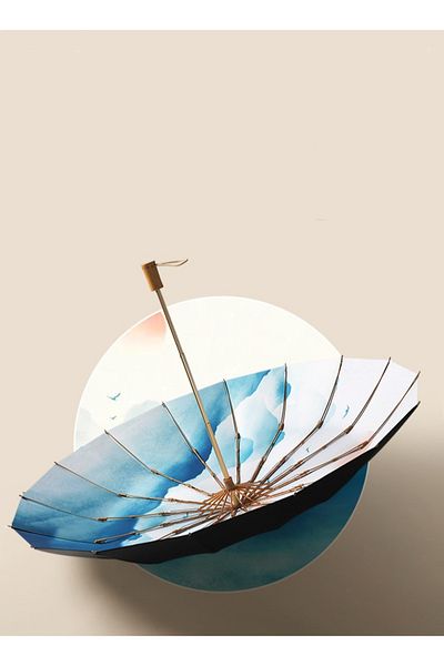 HALAMODO Ladies 16 Ribs Retro UPF50+ UV Protection Wind Resistant Travel Umbrella Black/Blue