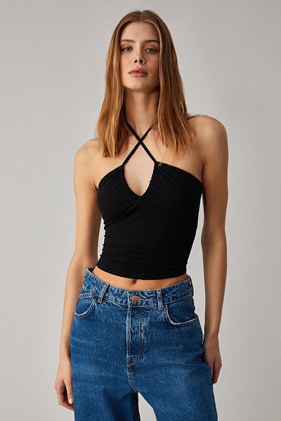 GRIMELANGE Urici Women's Slim Hanging Neck Lace-Up Slim Short Black Bustier
