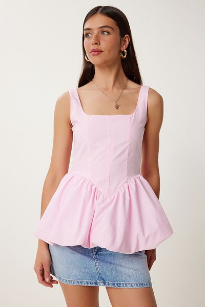 Lovelyİstanbul Μπλούζα Poplin με Ζαρτιέρες Μπαλόνι Φούστα CANDY PINK LPX0002