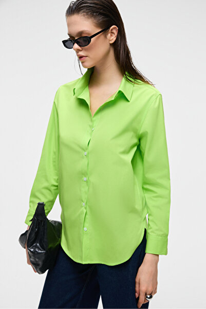 GRIMELANGE Delfino Women's Oversize 100% Organic Cotton Long Sleeve Thin Long Peanut Green Shirt