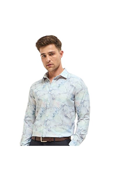 The Bear House Men's Light Blue Marble Abstract Print Tailored Fit Formal Shi...