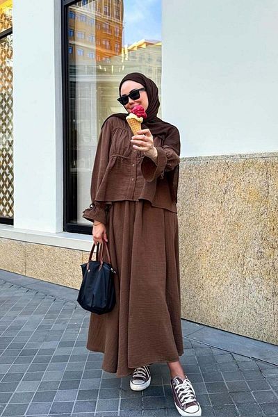 Ceylan Otantik Bitter Brown Muslin Blouse & Balloon Skirt Set
