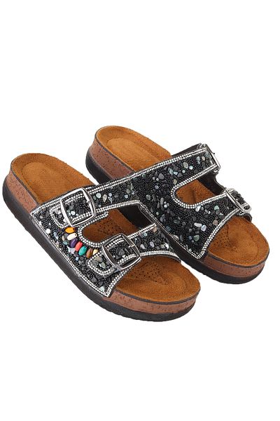 Vojo Guca Orthopedic Natural Stone Double Buckle Sea Pool Beach Daily Γυναικείες Παντόφλες Μαύρες