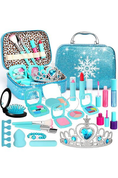 fulina 33-Piece Princess Kids Makeup Kit,Safe, Washable, and Creative Playset for Girls,Blue
