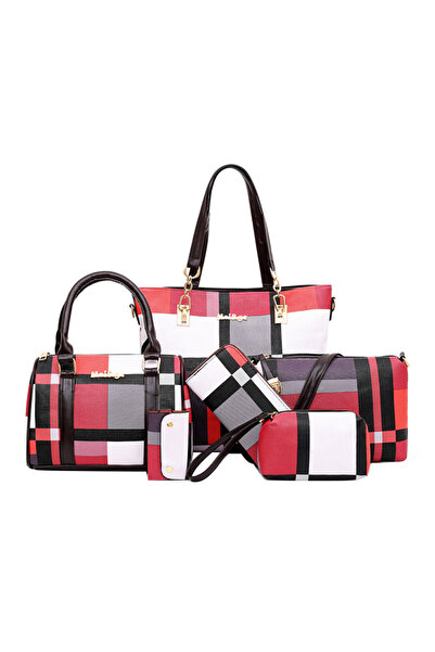 HALAMODO 6-Piece Lattice Texture Handbag Set Red/Black/White