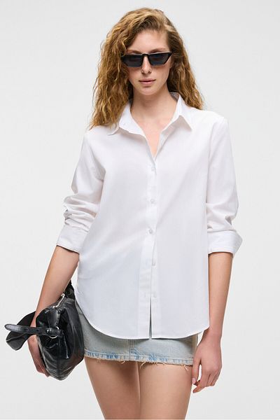 GRIMELANGE Delfino Women's Oversize 100% Organic Cotton Long Sleeve Thin Long White Shirt