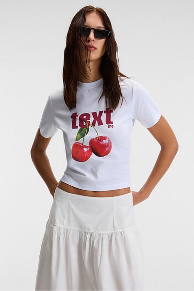 GRIMELANGE Elvera Women's 100% Cotton Comfort Fit Printed Short Sleeve Round Neck White / Patterned T-Shirt