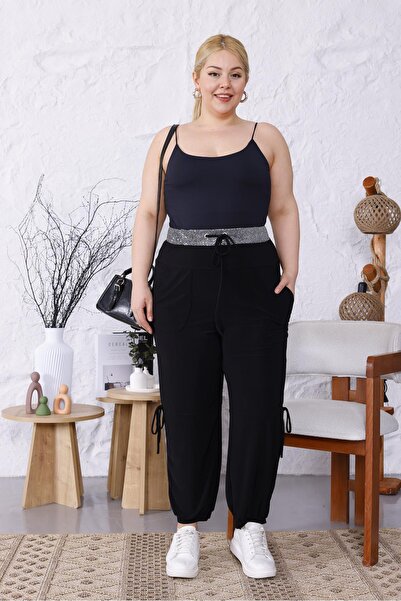 Siyezen Large Size Waist Shiny Pocket Lace up Loose Trousers