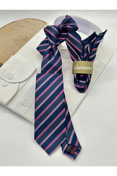 Gutiero Classic Navy Blue and Pink Striped Tie with Handkerchief