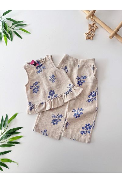 Minigimin Cicileri My Little One's Cicileri Ethnic Floral Patterned Girls' Linen Double Set - Blue