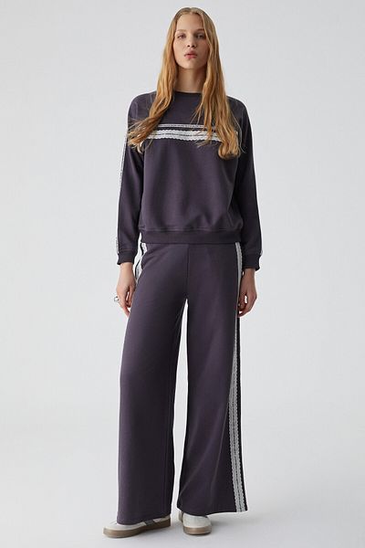 GRIMELANGE Pulse Women's 100% Cotton Lace Detailed Wide Leg Double Pocket Purple Sweatpants