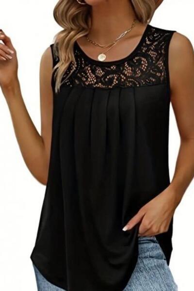 Mossta Round Neck Lace Detailed Viscose Blouse - Black
