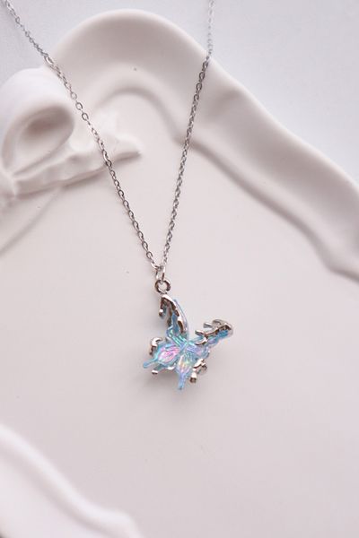 EFBUTİK Silver Color Chain with Blue Hologram Butterfly Imported Necklace