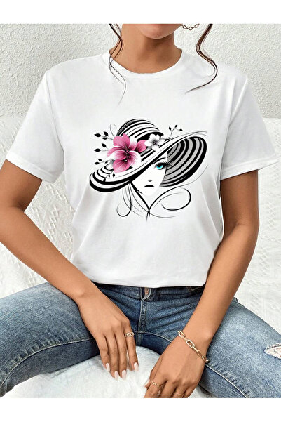 ELNOYA Cotton White Oversize T-Shirt Floral Hat Elegance Printed Comfortable Casual T-Shirt