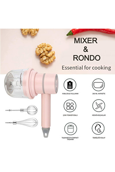 MJ TECH Kablosuz Şarjlı Taşınabilir Çırpıcı Mixer Rondo 250 ml Çelik 3 Bıçakl...