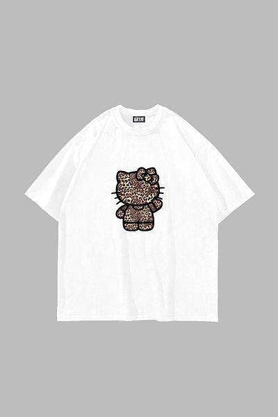 Sekizbiraltı Λευκό μπλουζάκι Leopard Kitty με στάμπα Oversize Unisex