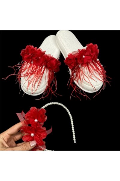 Massaltay Red Laser Cut Floral Slippers & Pearl Crown – Stylish Maternity Set