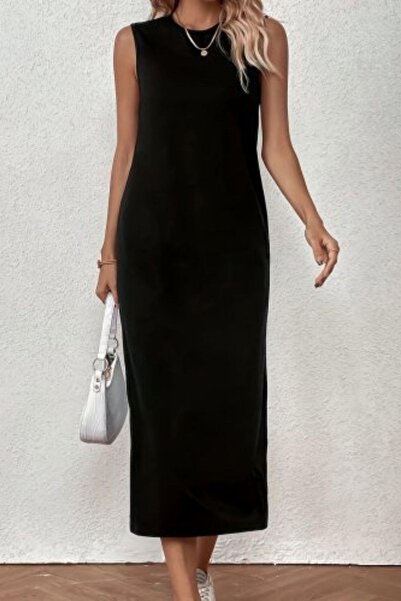 Mossta Sleeveless Basic Midi Viscose Dress -Black