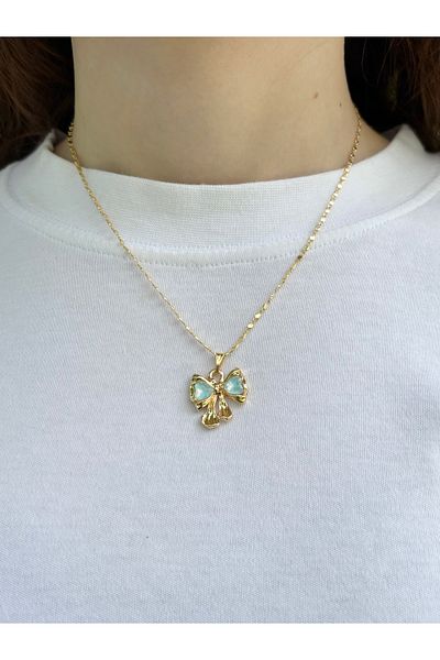 Eylülün Takısı Women's Gold Color Blue Stone Bow Necklace