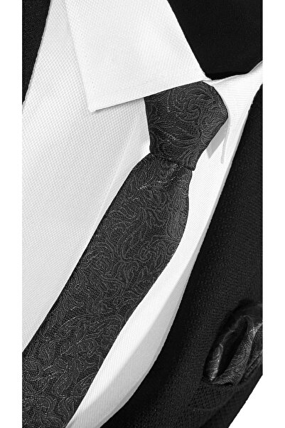 BLC Basic Line Co. Σετ γραβάτα και μαντήλι τσέπης με μαύρο ανθρακί σχέδιο – 7 cm