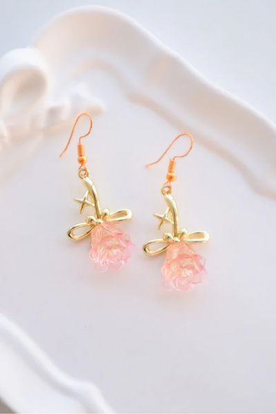 EFBUTİK Gold Pink 3D Rose Dimensional Imported Earrings