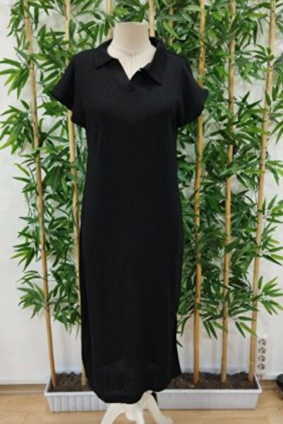 Mossta Polo Neck Slit Detailed Ribbed Dress - Black