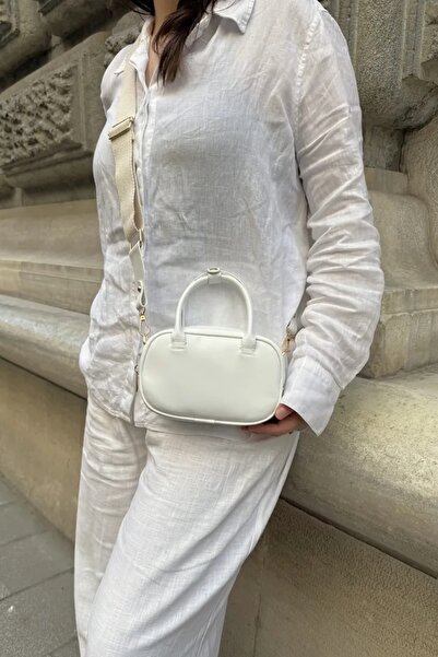 LEONAS Women's Shoulder Bag with Stitching Detail Canvas Strap Aden White