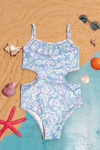 Beniizle Costum de baie pentru fete cu model de trandafiri cu detaliu cu volane
