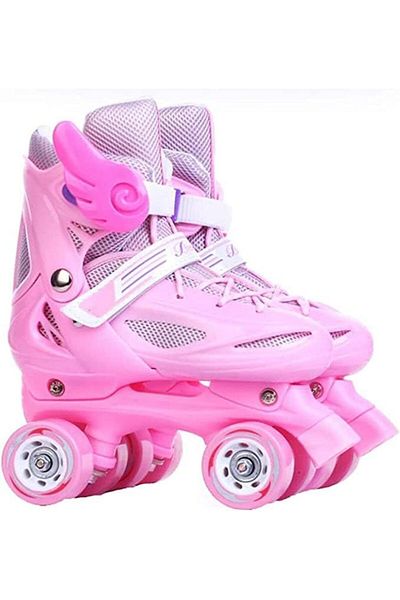 Generic Adjustable Polyurethane Roller Skate with Four Wheels for Children Ages 3-12, Pink Size M