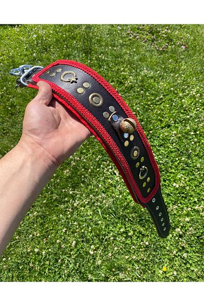 Sürmeli Tasma Kangal Dog Collar Genuine Leather Single Bell Red Stripe Large Breed