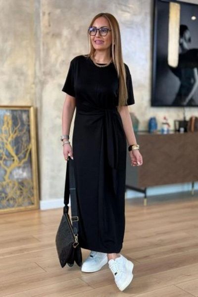 Mossta Short Sleeve Long Dress with Side Tie Detail - Black