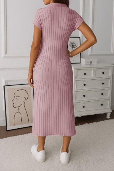 Mossta Polo Neck Slit Detailed Ribbed Dress - Pink