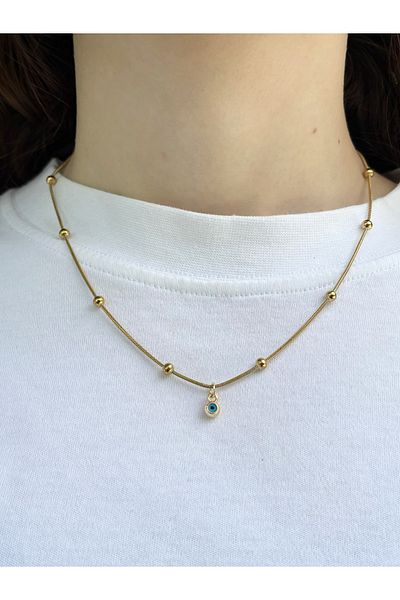 Eylülün Takısı Women's Gold Color Ball Chain Evil Eye Beaded Necklace
