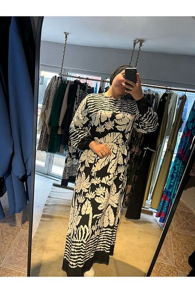 Kumaş sever Black White Big Leaf Patterned Hijab Dress Viscose Fabric Cotton