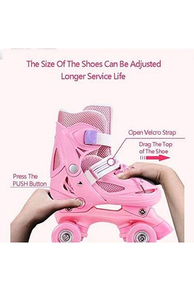 Generic Adjustable Polyurethane Roller Skate with Four Wheels for Children Ages 3-12, Pink Size M