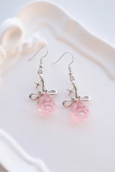 EFBUTİK Silver Pink 3D Rose Dimensional Imported Earrings