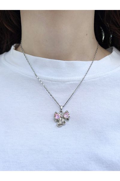 Eylülün Takısı Women's Silver Color Pink Stone Bow Necklace