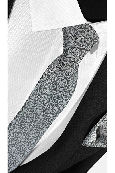 BLC Basic Line Co. Σετ γραβάτα και μαντήλι τσέπης με ασημί γκρι λουλούδι – 7 cm