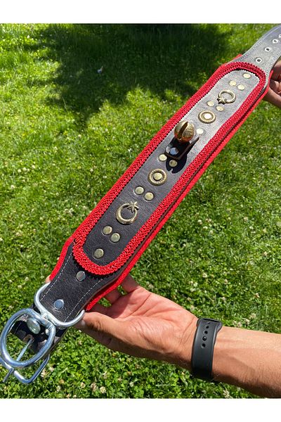 Sürmeli Tasma Kangal Dog Collar Genuine Leather Single Bell Red Stripe Large Breed